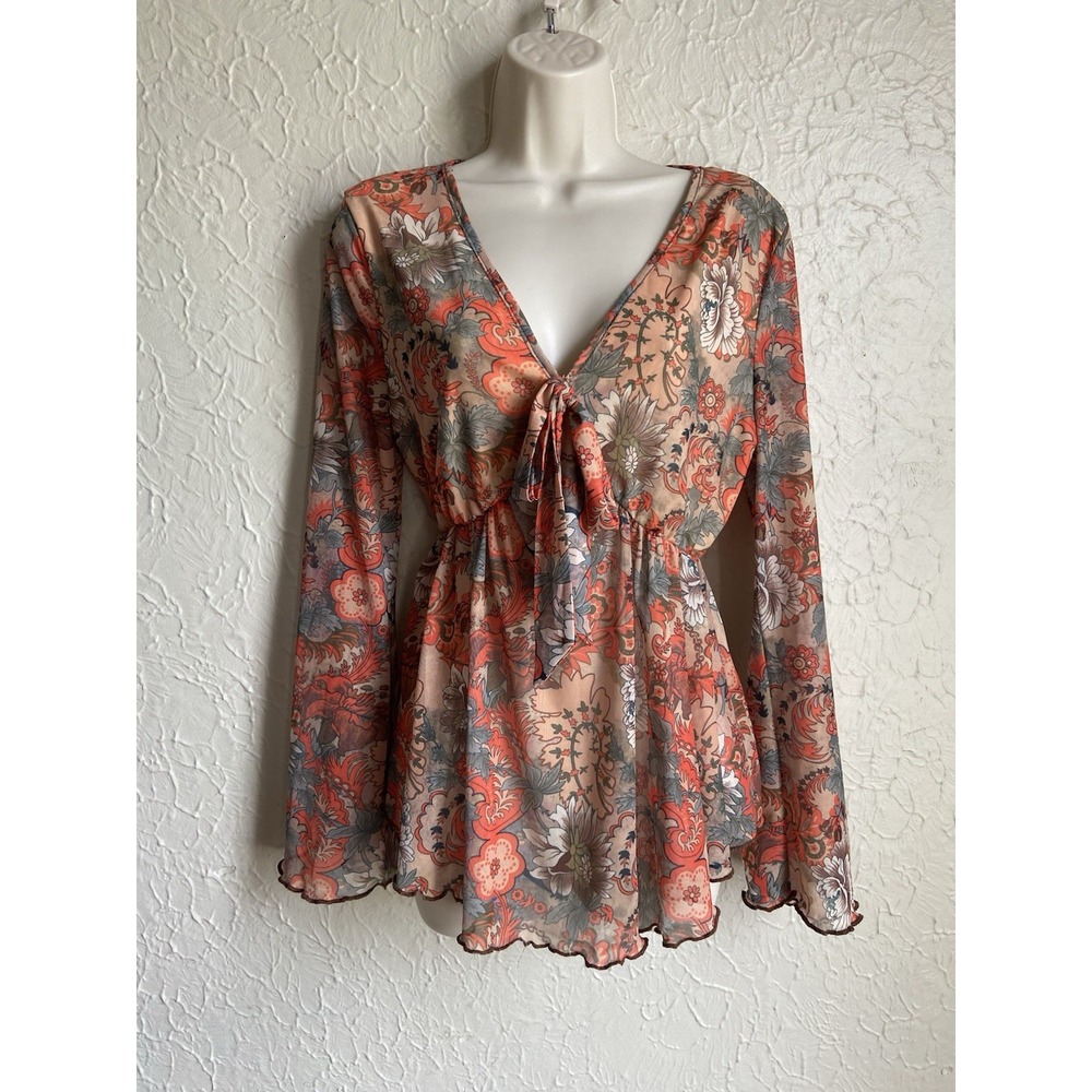 Boho Paisley Tie-Front Bell Sleeve Women's Western Festival Mesh Blouse Sz L